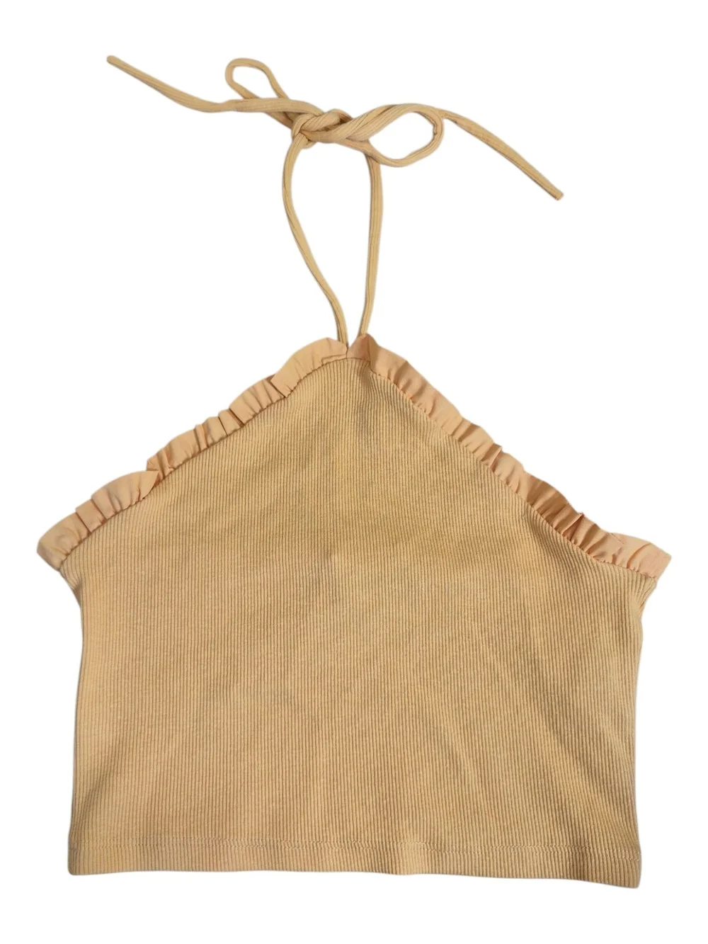Zara Mustard Yellow Ribbed Ruffle Halter Crop Top, Small - Picture 2 of 8